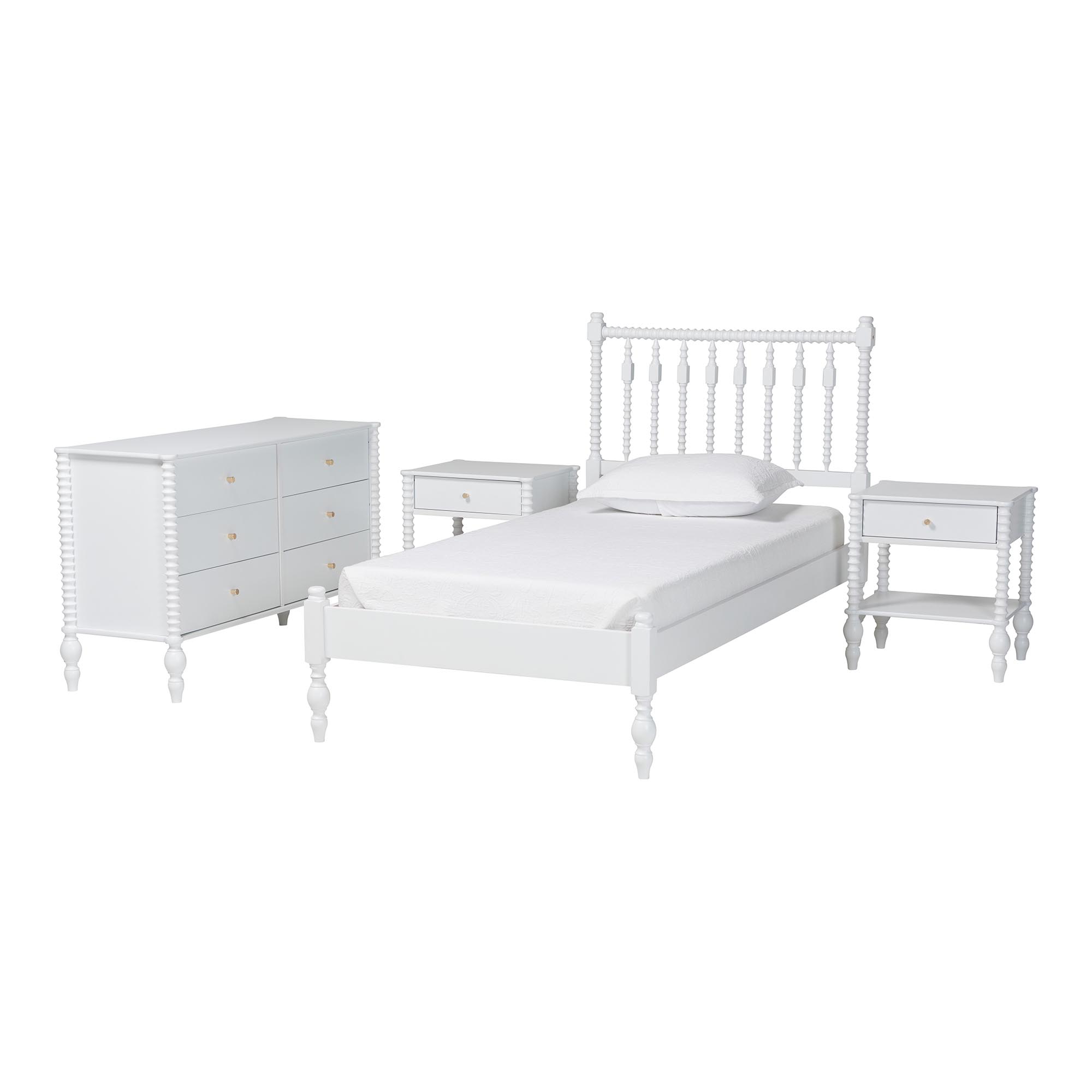 Baxton Studio Denita Spindle 4-Piece Bedroom Set - Farmhouse Platform Bed with Matching Dresser and 1-Drawer Nightstands, White, Twin
